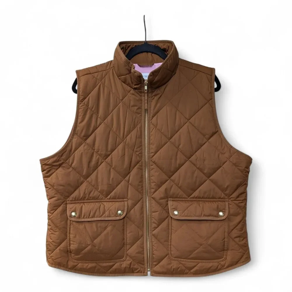 J.Crew Quilted Puffer Vest Camel Brown Snap Pocket Zip XXL Womens Warm